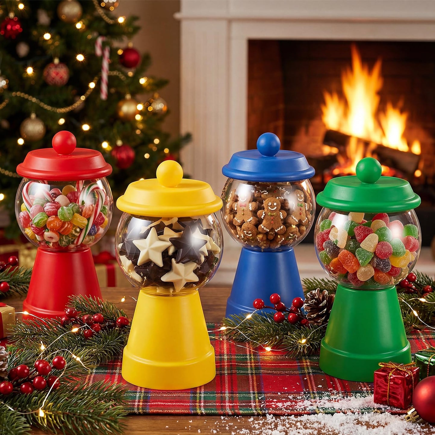 Thyle 4 Pcs Terra Cotta Candy Jar with Lid 8.7x4.3 Ceramic Cookie Jar Red Blue Green Yellow Fishbowl Food Storage for Birthday Cartoon Game Night Christmas Party Table Centerpiece DIY Gift(Rainbow)