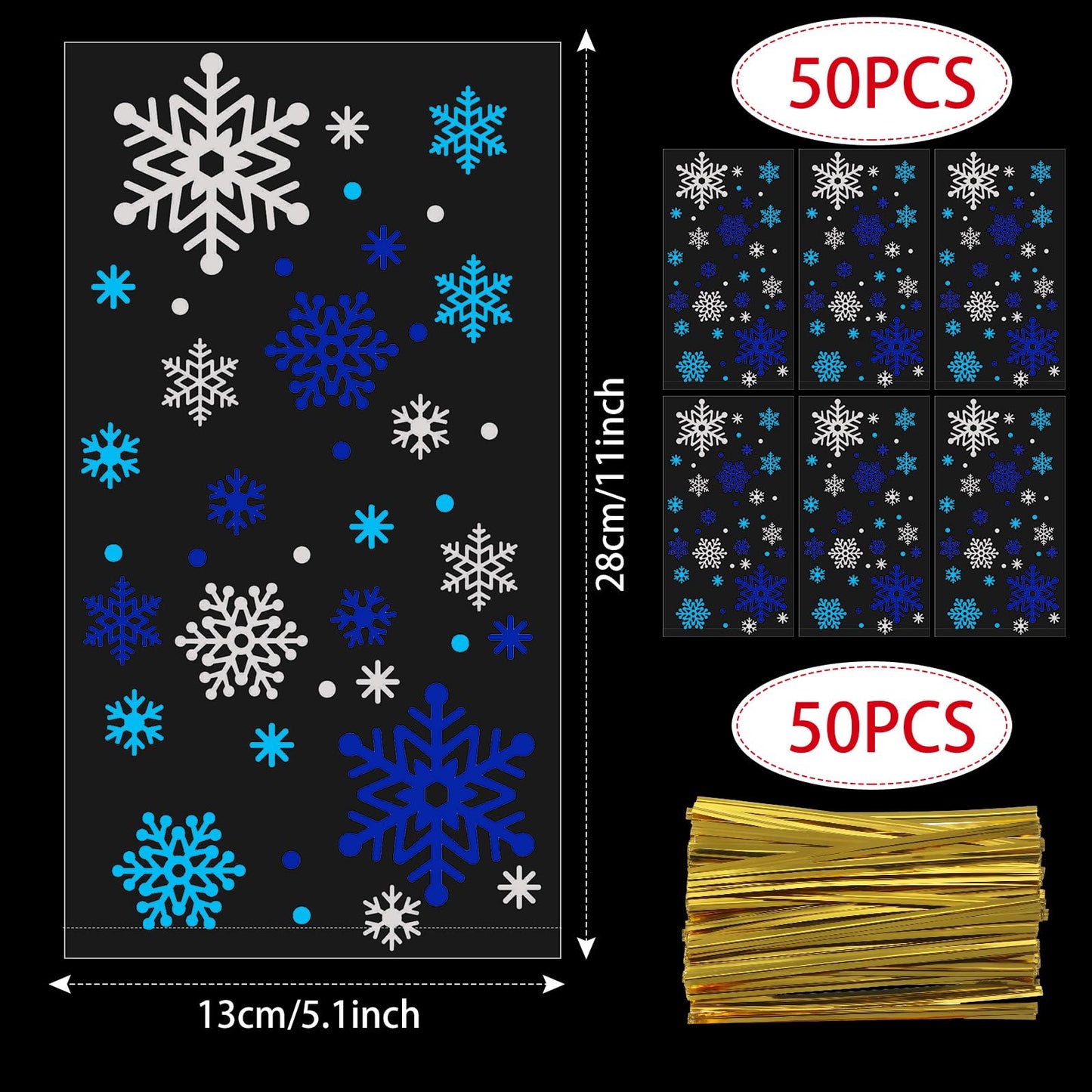 HESTYA 50 Counts 5 x 11 Inches Christmas Flat Clear Cellophane Treat Bags Block Bottom Patterned Storage Sweet Bags Twist Ties for Xmas Party Favor(Light blue, Blue, Silver Snowflake)