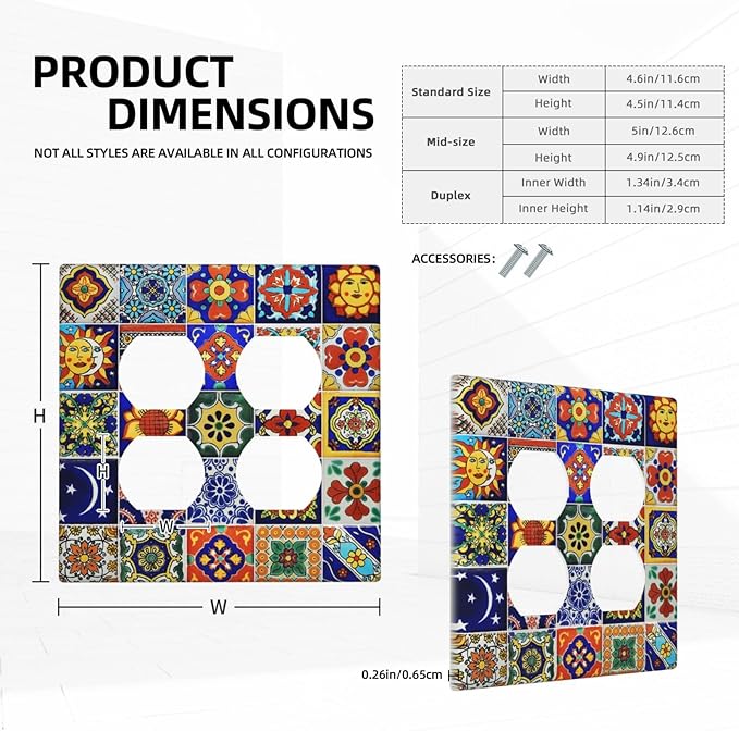 Decorative Light Switch Cover Plate Traditional Colorful Talavera Mexican Spanish Moroccan Tiles 2 Gang Socket Covers Double Duplex Wallplates Switch Plates and Outlet Covers for Kitchen Bathroom