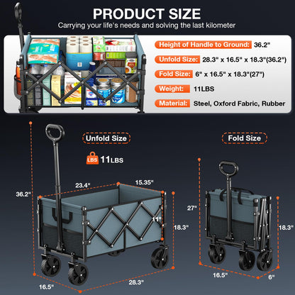 Nadonli Foldable Wagon with Wheels, Portable Heavy Duty Collapsible Beach Cart - Large Capacity Utility Wagon for Shopping, Sports, Camping，Garden，Grocery - Blue