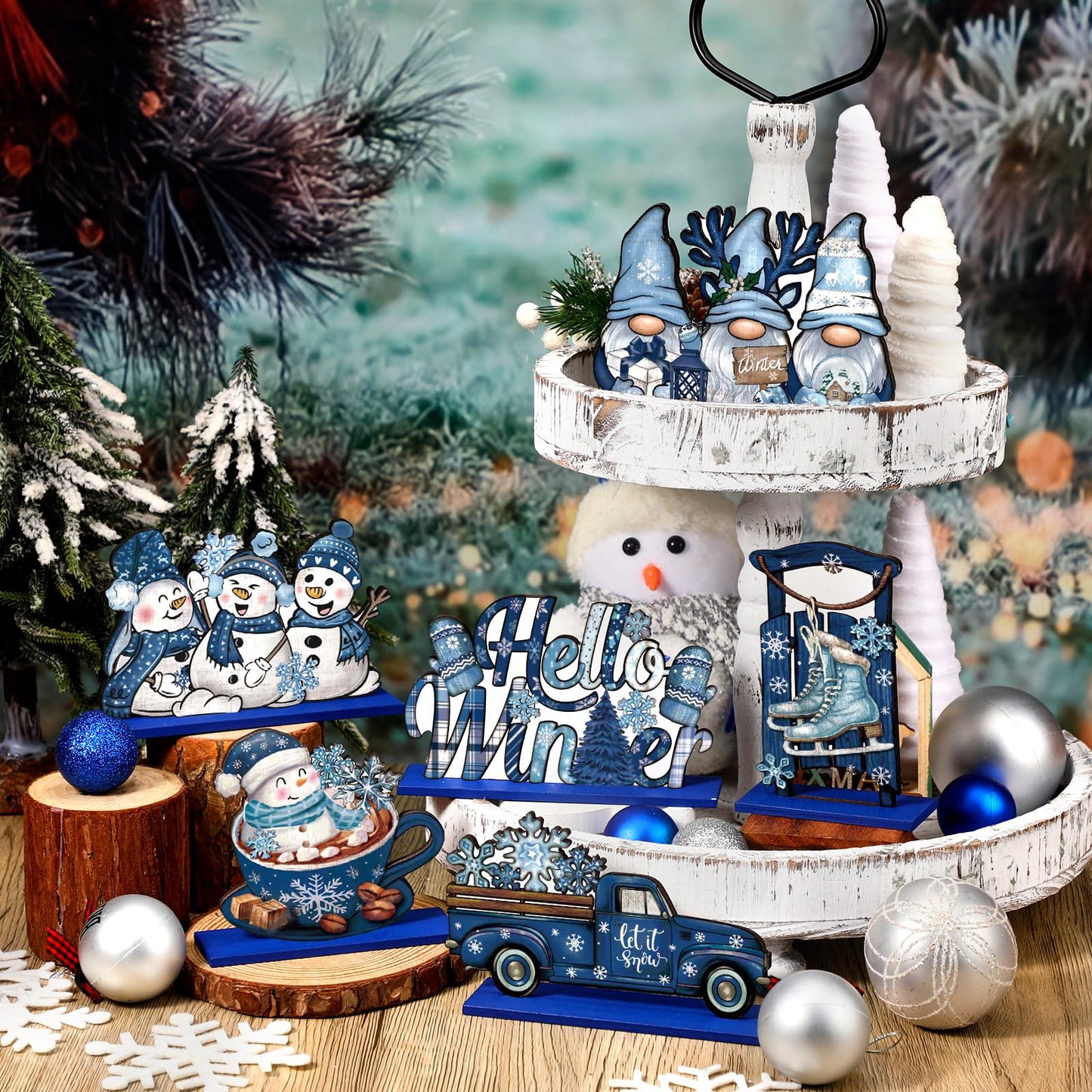 Realspring 6 Pcs Winter Wooden Table Decor Blue Winter Wood Snowman Decorative Gnome Truck Centerpieces Tiered Tray Decor for Kitchen Office Home