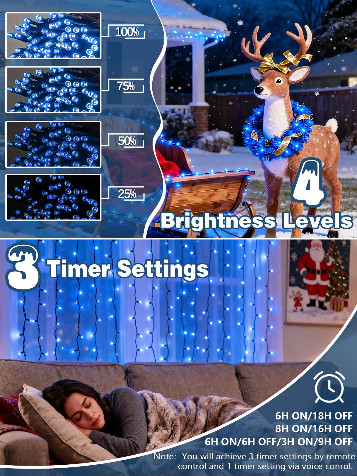 Voice Controlled Christmas Lights with Remote, 99 FT 300 LED String Lights Indoor Outdoor with 12 Modes 3 Timers, Dimmable Twinkle Light Plug in Waterproof for Xmas Tree Yard Party Decorations, Blue