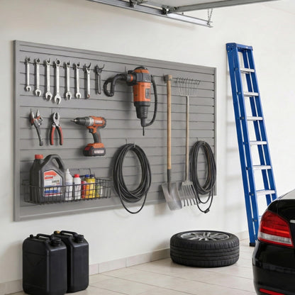SMARTSTANDARD Heavy Duty PVC Slatwall Panels 4x8 ft, Interlocking Garage Wall Organizer System, Tool Board for Retail Display, Workshop & Home Storage - Gray