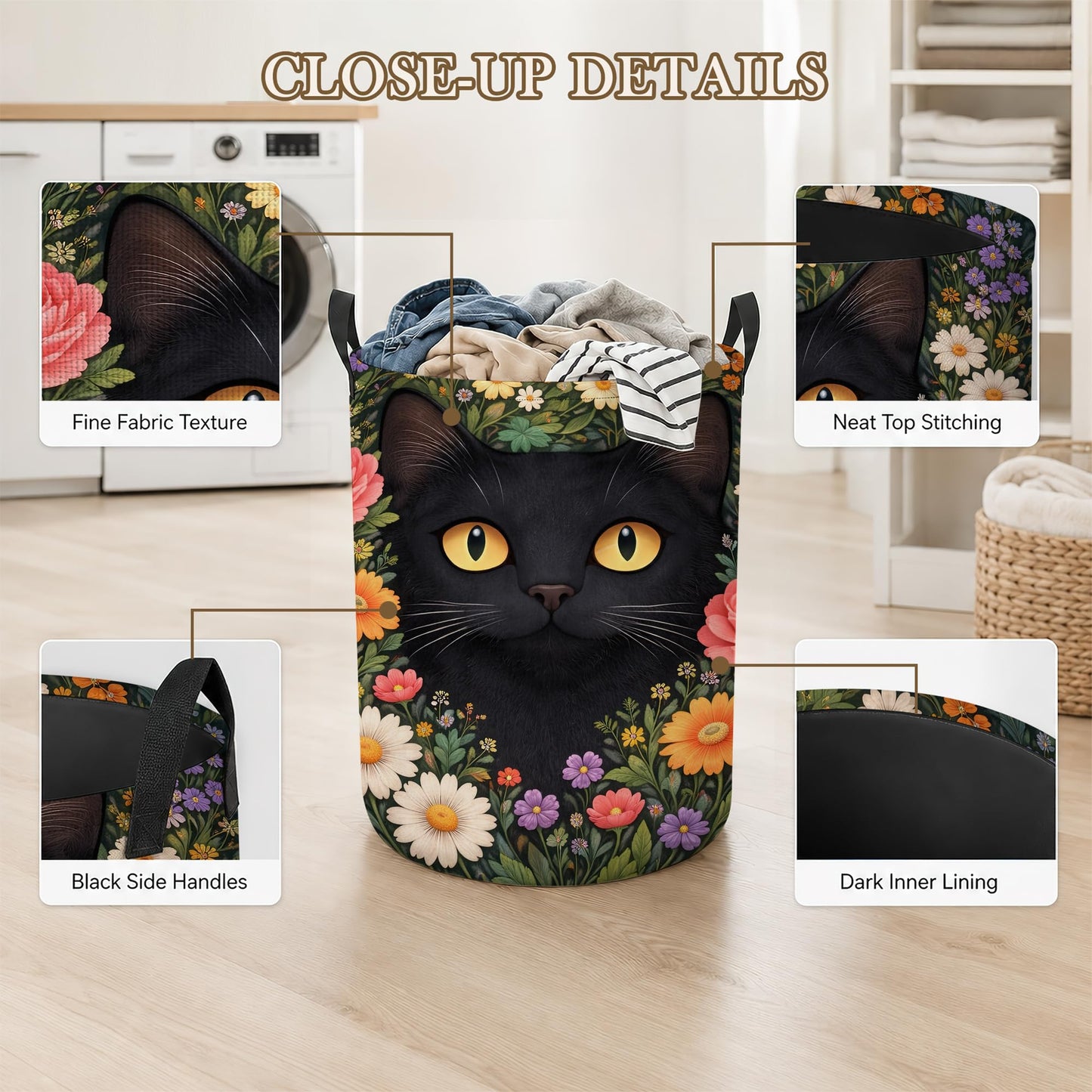 Black Cat Laundry Basket Oxford Cloth Flower Garden Laundry Hamper With Handle Foldable Portable Clothes Storage Basket Storage Bag For Laundry Room/Bathroom/Bedroom/Dormitory 20.8"x16"