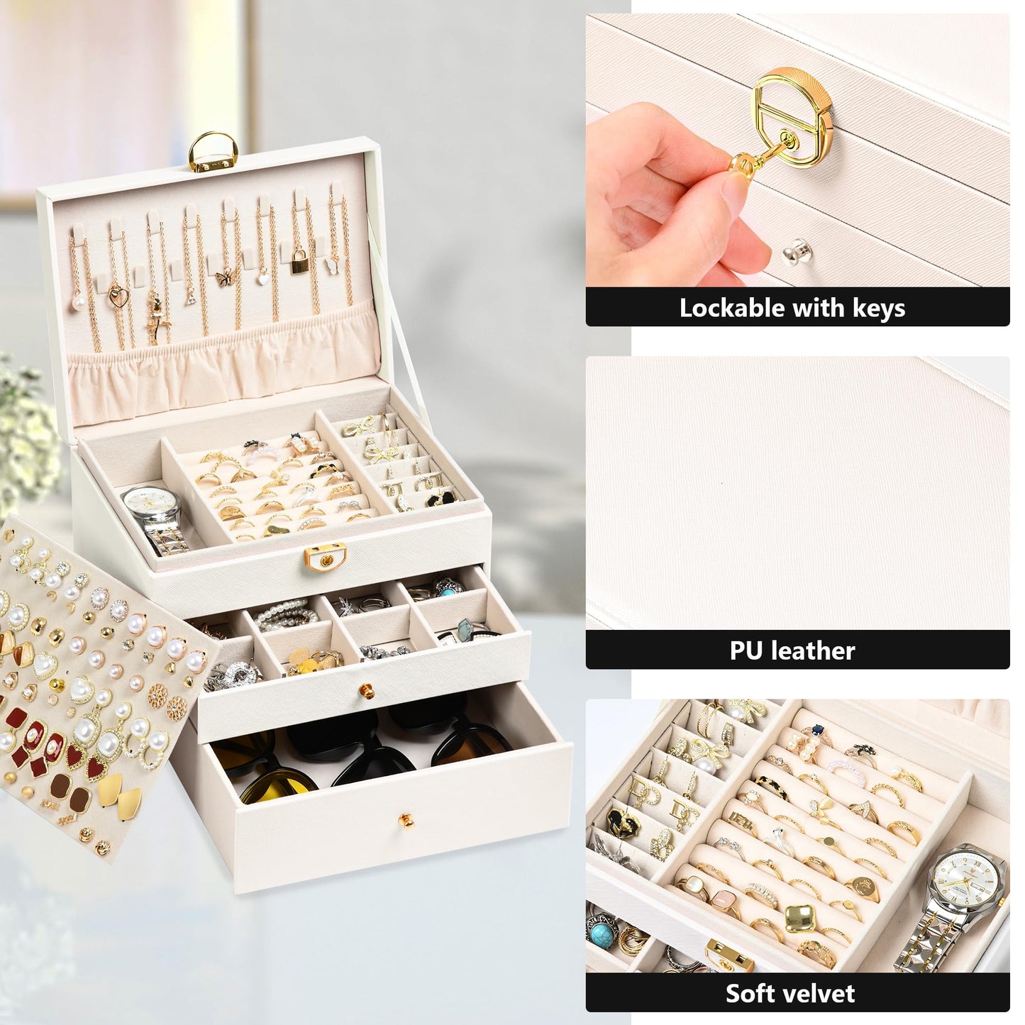 GALHUBIS Jewelry Box, 3 Layers Leather Jewelry Storage Display Box for Women, Gift Case, 2 Drawers, Large Capacity for Necklace Earrings Bracelets Rings, White