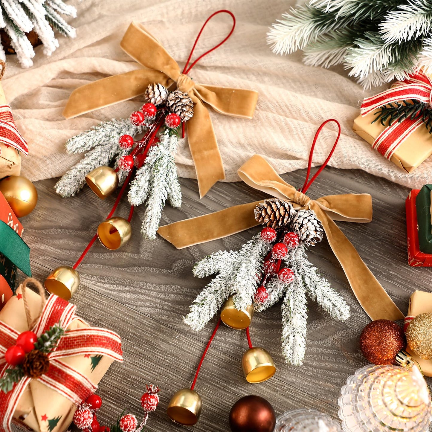 2 Pcs Christmas Jingle Bell with Neutral Velvet Ribbon Bows and Pine Cone Hanging Ornament Christmas Door Knob Hangers Tree Topper Wall Wreath Decoration for Cabinet Door Handle Knob Party Decor