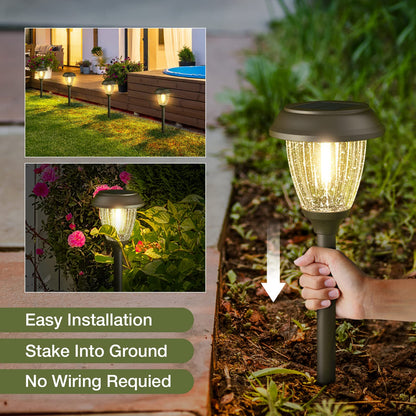 XMCOSY+ Solar Lights Outdoor 10/25 LM LED with 2 Lighting Modes, Solar Garden Lights Glass and Metal, IP65 Waterproof Solar Powered for Yard Pathway Walkway Driveway Patio (6 Pack, Warm White)
