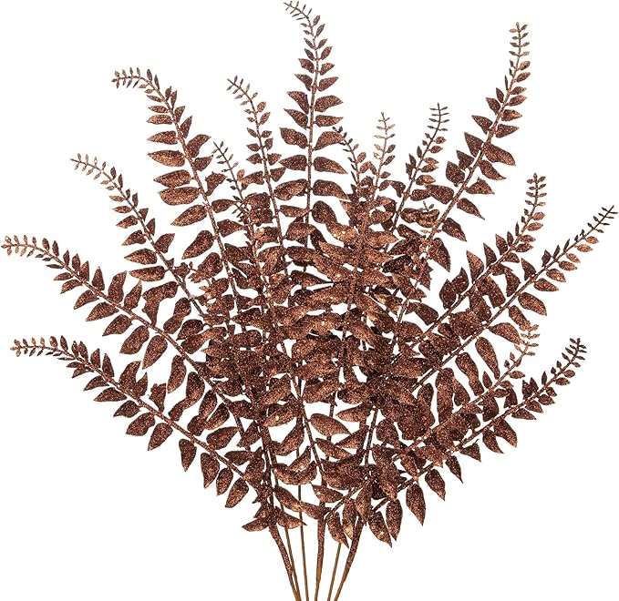 DILATATA 6Pcs Christmas Glitter Leaves Boston Fern Leaves 25" Artificial Bronze Fern Leaf Picks Sprays Giltter Stems for Christmas Tree DIY Xmas Wreath Garland Home Decor - Bronze