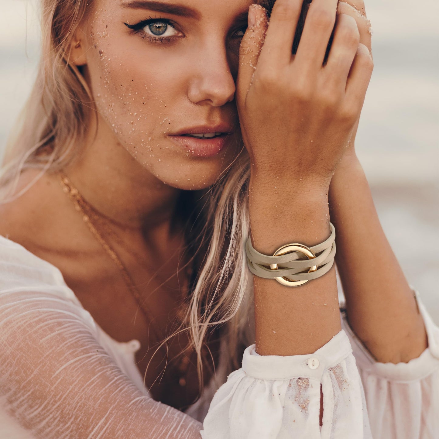Long tiantian Leather Cuff Wrap Bracelet Blue Bracelets for Women Circle Charm Bangle Boho Multilayer Stackable Jewelry