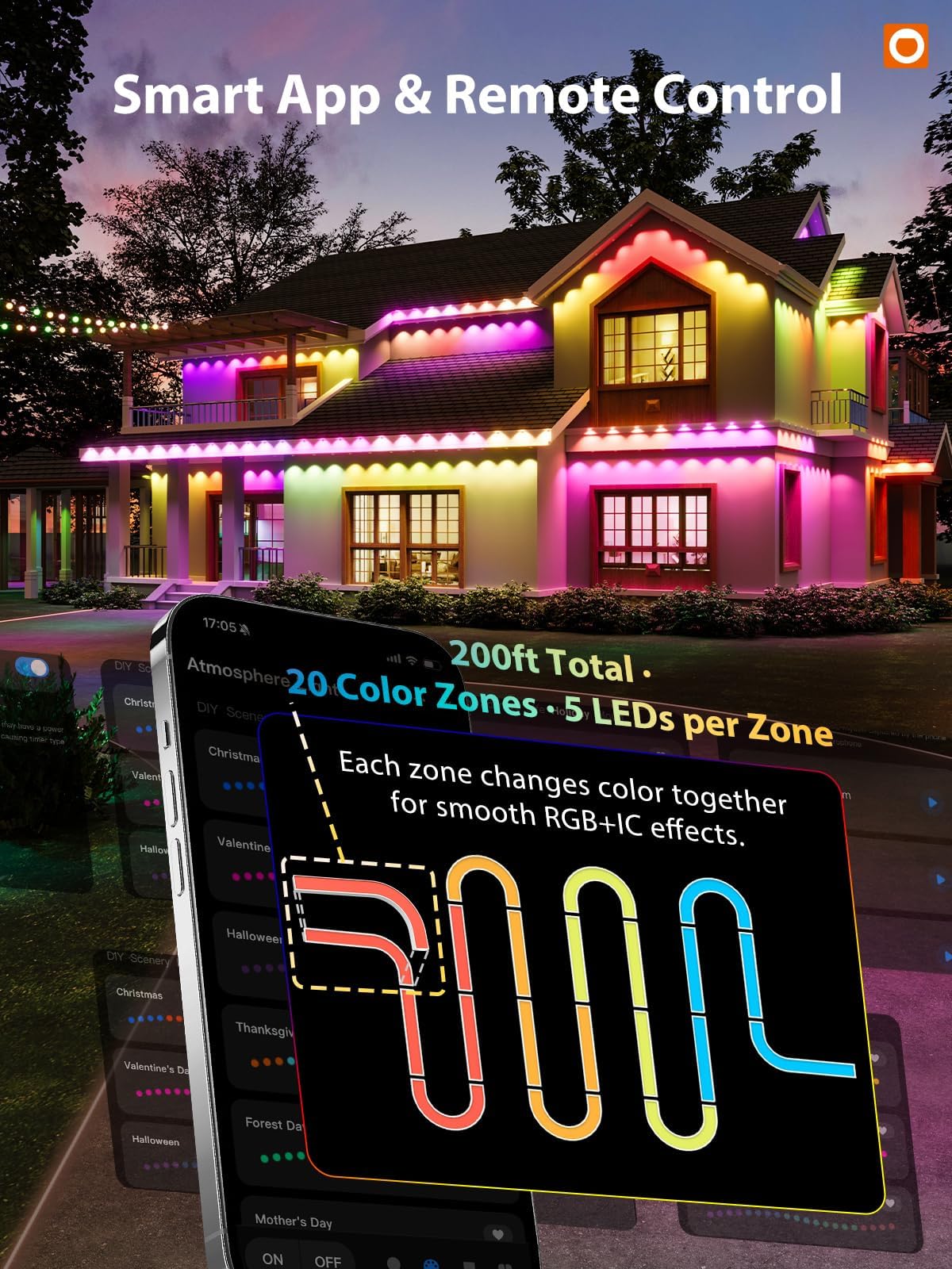 addlon 200FT Permanent Outdoor Lights, Cuttable & Extendable Smart RGB+IC LED Lights for House & Outdoor, App & Remote Control, IP67 Waterproof for Christmas, Holiday, Party, Halloween Decorations