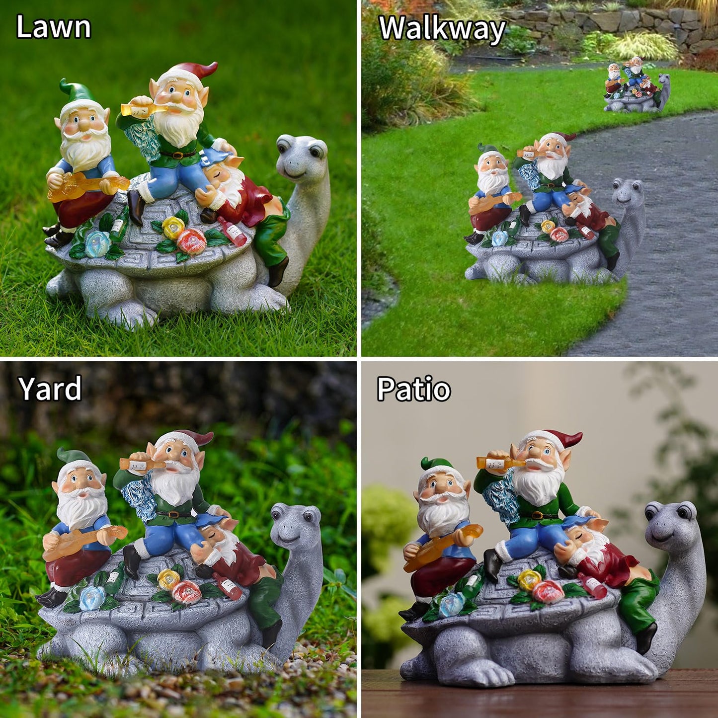 NATASE Solar Garden Outdoor Statues Gnome Turtle Three Gnomes Having Party on Turtle with 7 LED Lawn Decor Outside Decorations for Patio, Balcony, Yard Ornament Unique Garden Gift