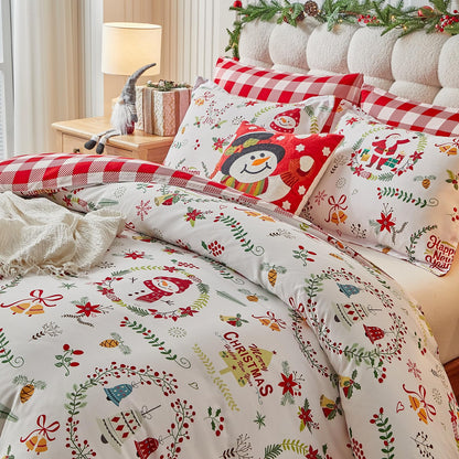 Joyreap 3pcs Christmas Duvet Cover Set King, Xmas Wreaths and Santa Claus Design Comforter Cover Set, Includes 1 Duvet Cover and 2 Pillow Shams