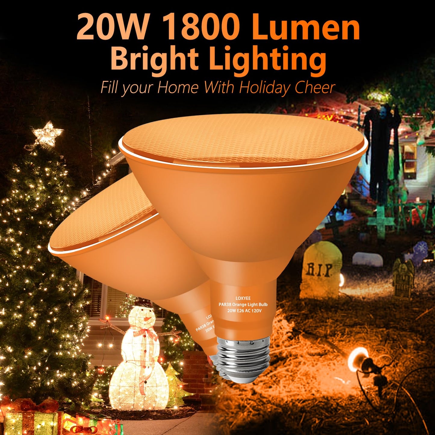 LOXYEE PAR38 Flood Orange Light Bulbs,4 Pack Dimmable,E26 Base Orange Flood Light Outoor(20W Replace to 200W),Halloween Light Bulb for Outside,Christmas,Holiday Lighting