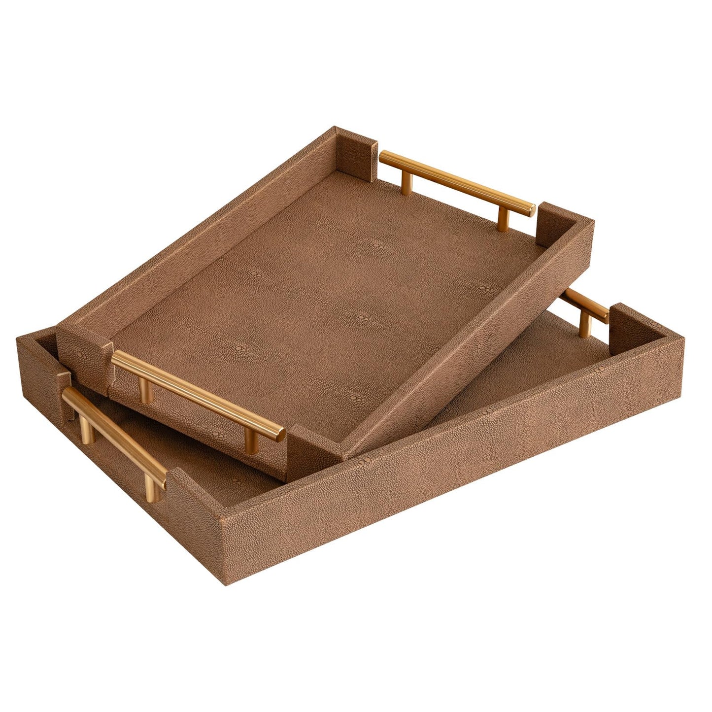 UPPER DECOR Set of 2 Decorative Tray Brown Shagreen Leather Tray, Modern Rectangle Serving Trays with Gold Polished Metal Handles, Ottoman Coffee Table Perfume Kitchen Trays Home Decor