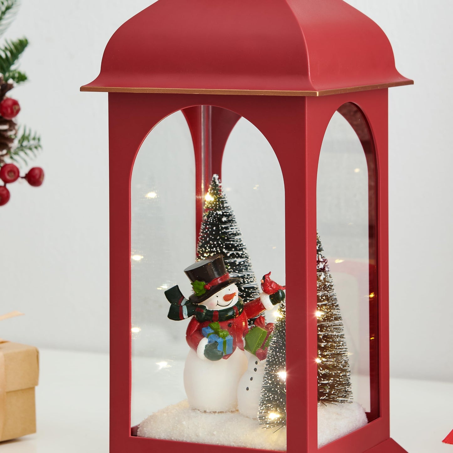 Danya B. Tabletop Red Christmas Snowman Winter Scene Diorama Lighted Lantern Decoration