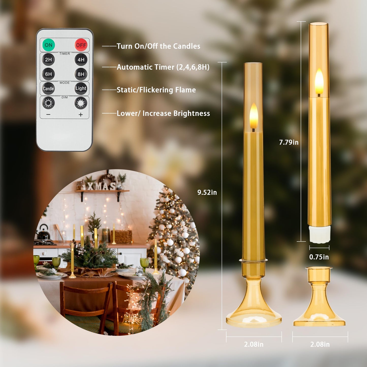 SEHNSY Gold Flameless LED Taper Candles with Remote and Timer, 6 Pack Battery Operated Candles 9.25"x0.75" for Xmas Wedding Decor, 3D Flickering Flameless Candles with Acrylic Candlesticks