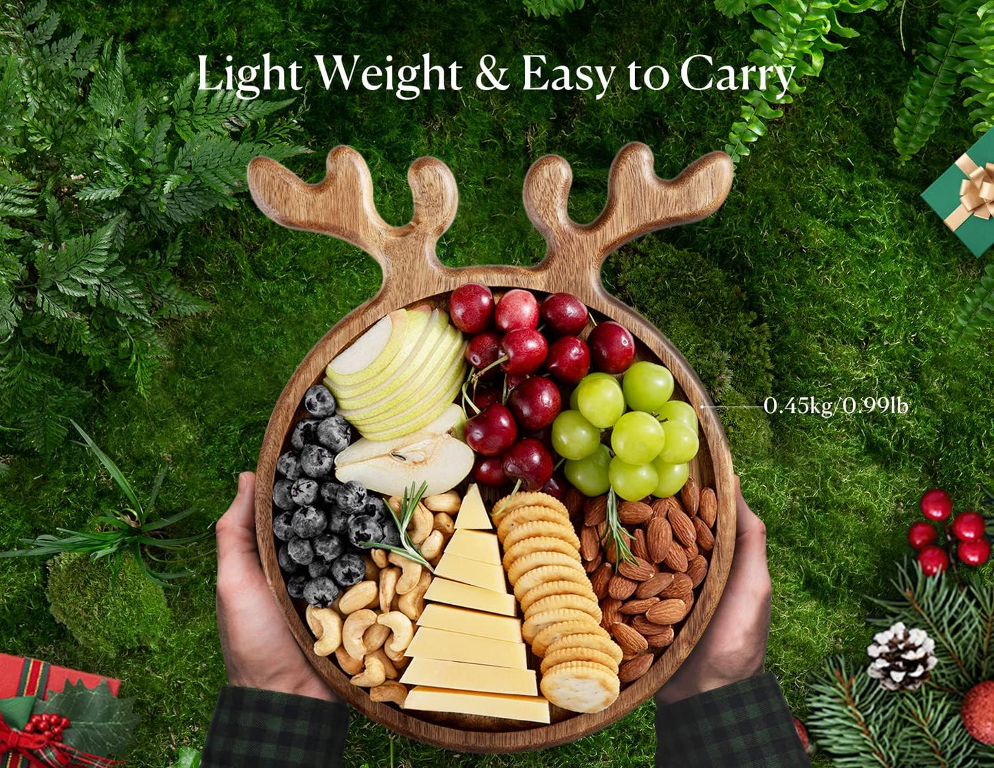 Dofira Acacia Wood Serving Platter, Christmas Decorative Reindeer Antler, 12"x10"Round Wooden Food Dish Display Plate, Charcuterie Board Tray for Cheese Fruit, Kitchen Gift for Mother’s Day (Gift Box)