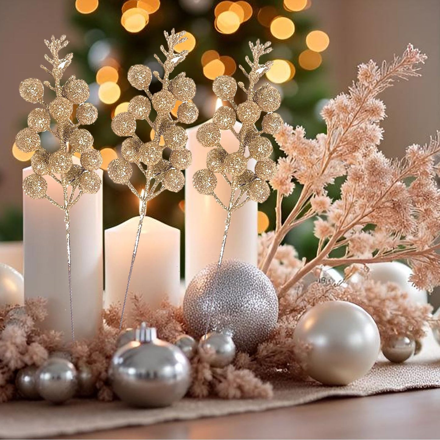 Uabwim 24 Pack Artificial Christmas Glitter Berries Stems Branches,Christmas Faux Holly Berries Branches Ornaments for Christmas Tree Wreath DIY Craft Decorations Holiday Home Decor(Champagne)