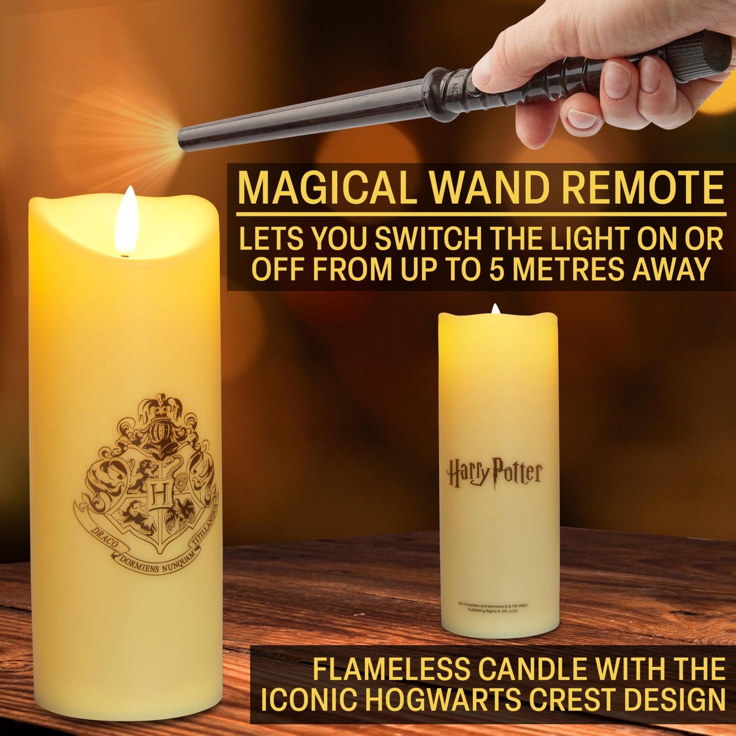 Harry Potter LED Candle with Wand Remote Control Hogwarts Crest Flameless Light for Kids 16ft Spell-Cast Range Room Decor Display Nightlight Gifts