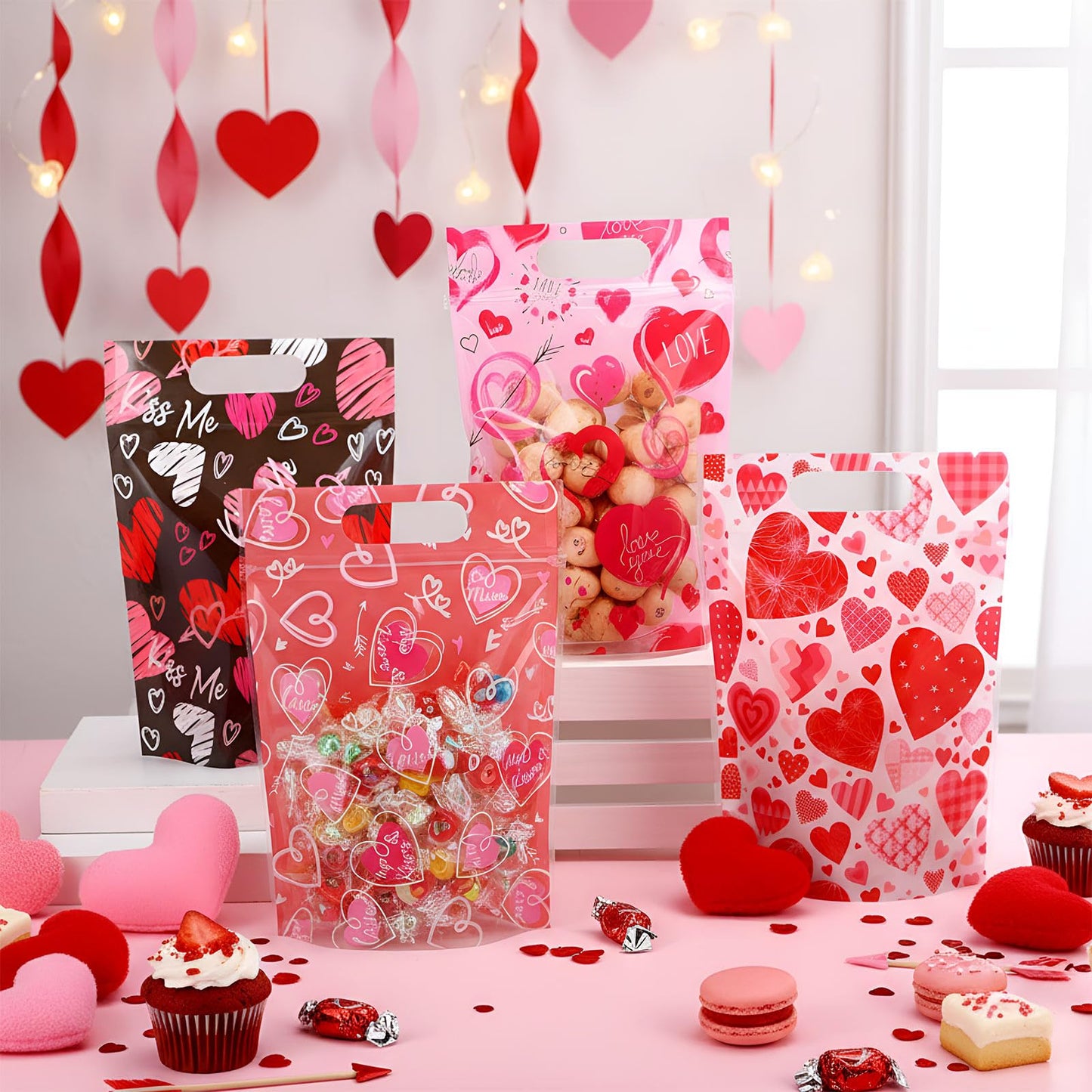 Pasimy 60 Pcs Valentine's Day Sealing Candy Bags with Zipper Love Heart Treat Goodie Bag Valentines Sealing Pouches with Handles Plastic for Valentines Party Favor Classroom Exchange Prizes Supplies