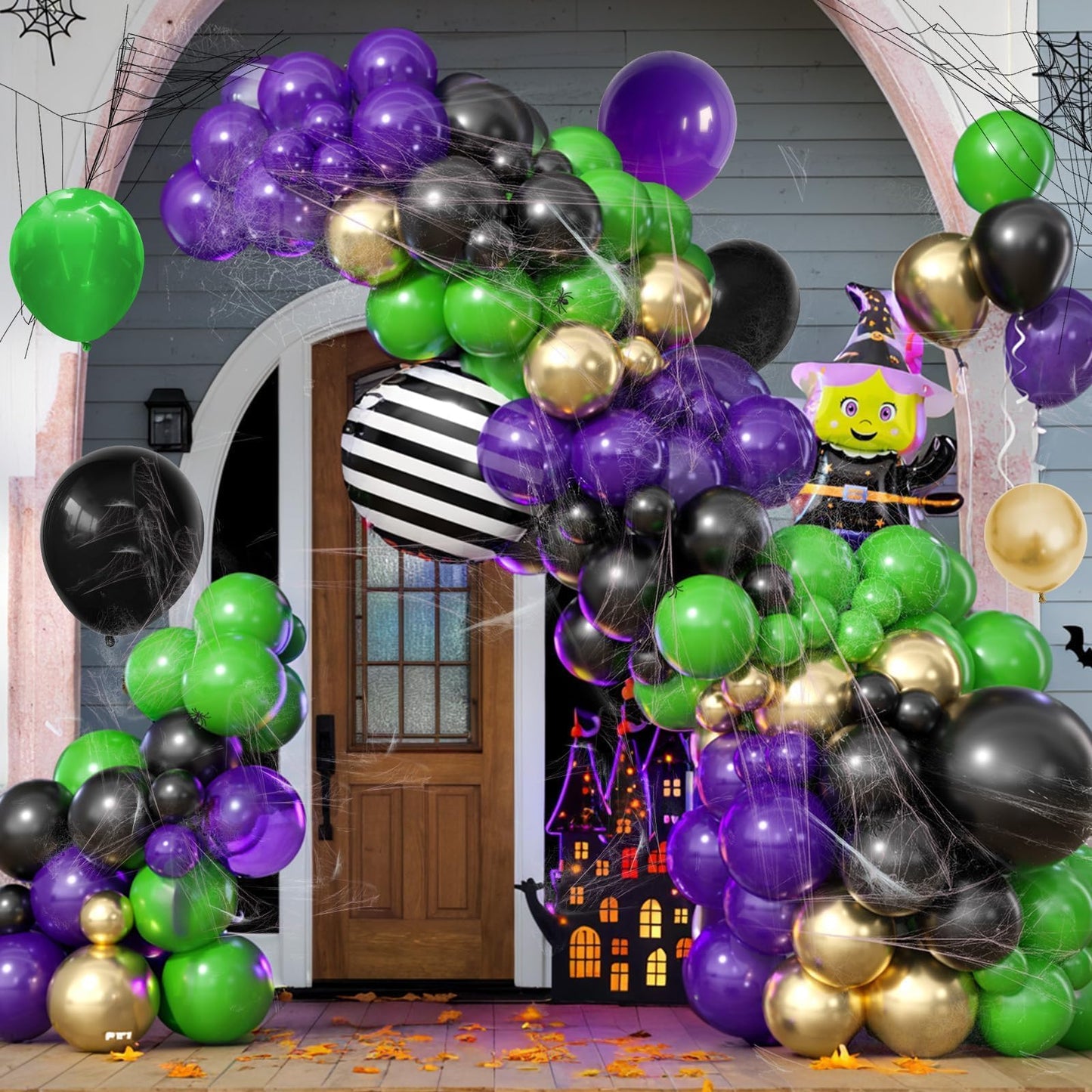 Halloween Balloon Garland Arch Kit,Purple Orange and Black Balloons with Spider Web,Witch Foil Balloon for Halloween Birthday Party Supplies Decorations