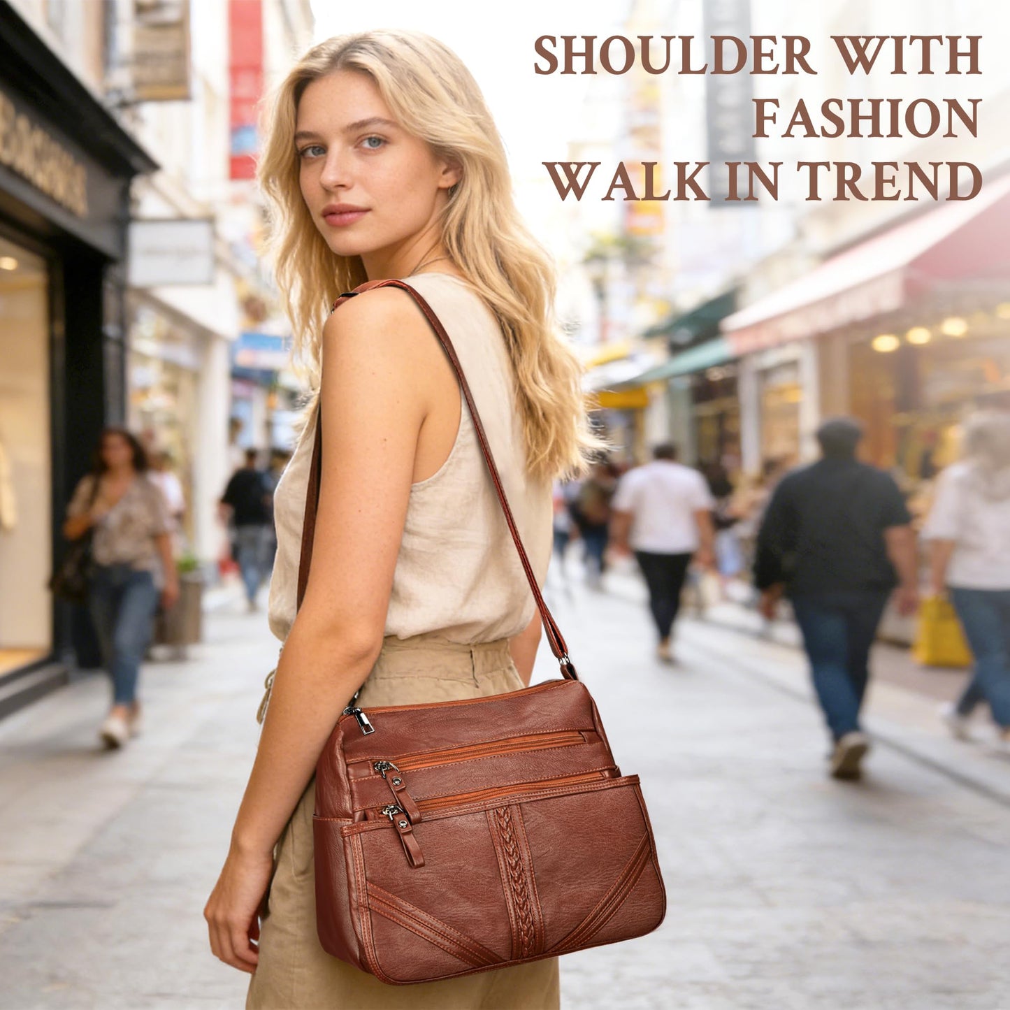 ELDA Crossbody Bags For Women Pocketbooks Soft PU Leather Purses and Handbags Multi Pocket Shoulder Bag (Amber Brown)
