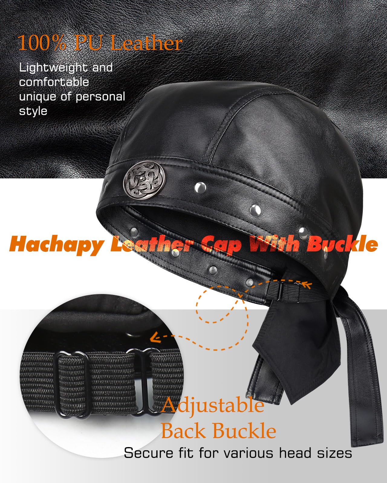 Hachapy Biker Cap for Women Leather, Adjustable Motorcycle Hat with Skull Fit & Toggle Buckle One Size Fits All