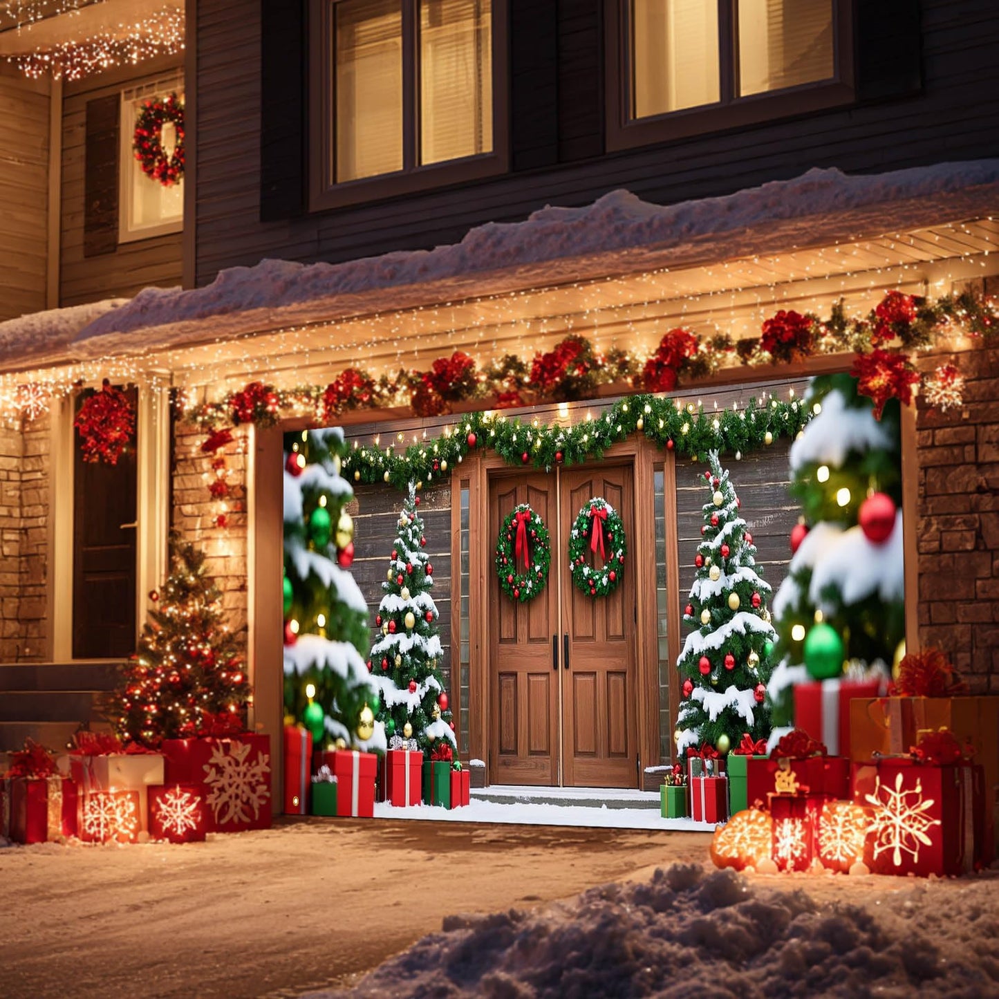 HOMETITUTE Christmas Garage Entryway Banner 13x6ft Rustic Wood Entryway Scene with Festive TreesGift Boxes Snowflakes Lights Outdoor Holiday Yard Display Backdrop Photo Background