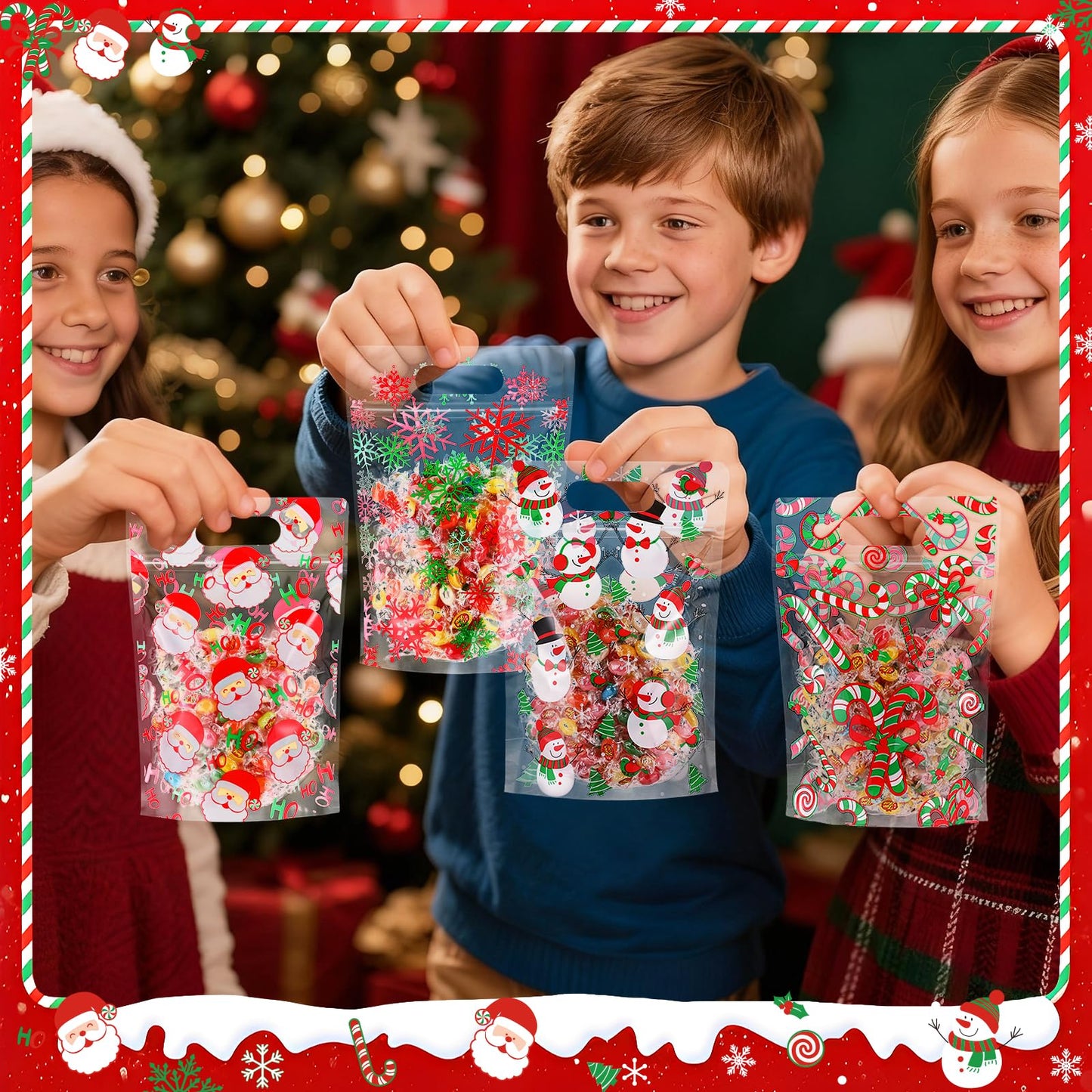 Pasimy 60 Pcs Christmas Bags with Zipper Sealing Candy Bags Bulk Resealable Xmas Treat Bag Christmas Sealing Bag with Handle Plastic for Xmas Winter Holiday Party Candy Small Gift Wrapping Supply