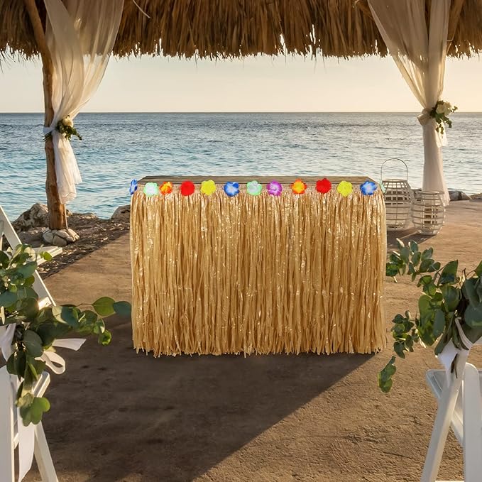 Aodaer 2 Pack Thickened Grass Table Skirt Natural with Hibiscus Flowers 400g Hawaiian Luau Tropical Party Decor Fringe Party Decoration for Costume Tiki Tropical Hawaii Moana Birthday, Straw Yellow