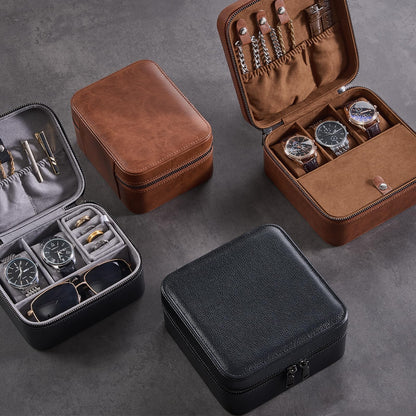 ProCase Travel Watch Case, 3 Slots PU Leather Mens Jewelry Box, Portable Watches Cufflinks Accessories Storage Case, Zippered Carrying Organizer Bag for Man -Lightbrown