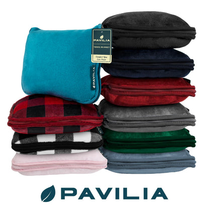 PAVILIA Travel Blanket Pillow, Soft Airplane Blanket 2-in-1 Combo Set, Plane Blanket Compact Packable, Flight Essentials Car Pillow, Travelers Gifts Accessories, Luggage Backpack Strap, 60x43 Black