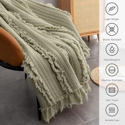 Ultra Soft Pre-Washed Quilted Throw Blanket, Ruffle Fringed Olive Green Decorative Throw, Sage Green Stone Washed Chic Rustic Blanket for Sofa Couch Bed, 50"x 60"