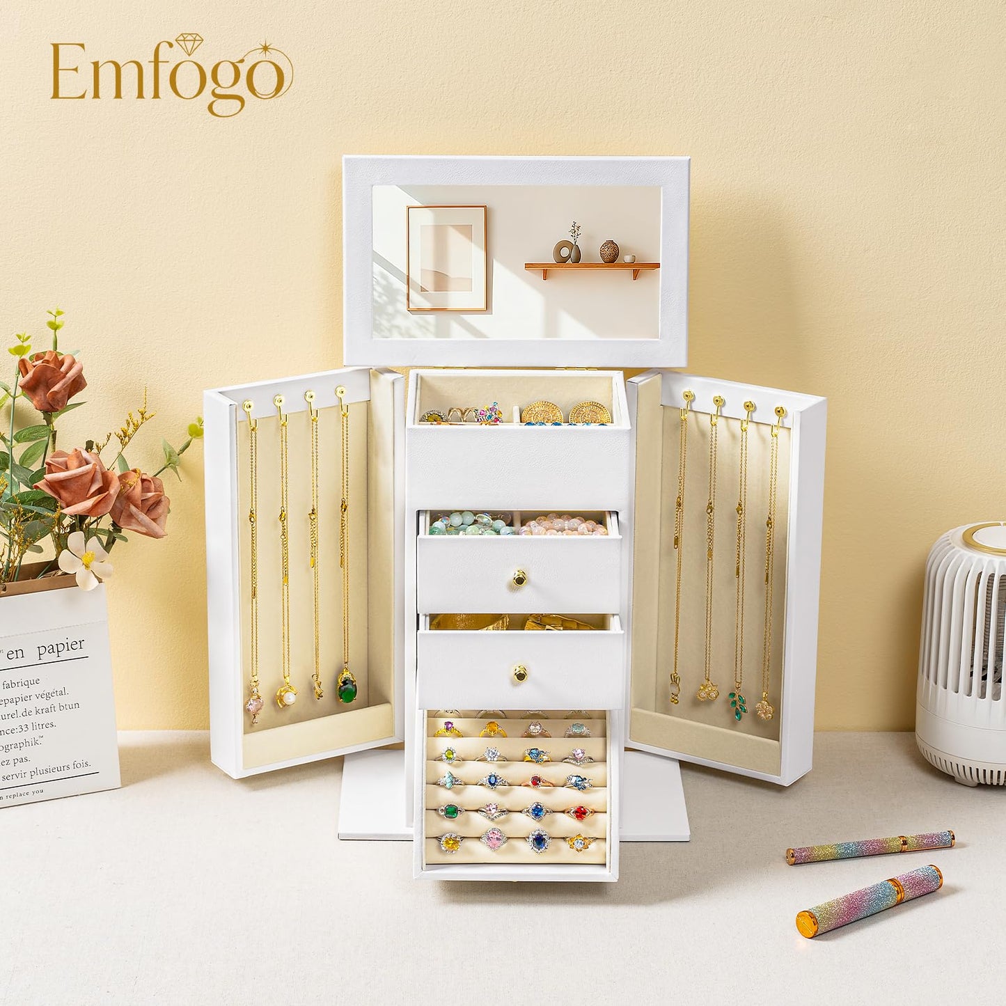 Emfogo Synthetic Leather Jewelry Box Organizer, Large Jewelry Boxes Storage with Mirror Velvet Interior, 4 Tier Jewlery Organizers for Women Girls Dedicated Slots for Ring Necklace (White)