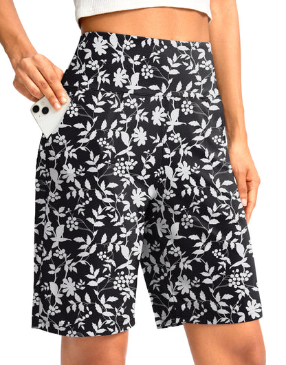 G Gradual Women's Bermuda Long Shorts with Pockets 9" High Waisted Knee Length Shorts for Women Walking Athletic Workout(White Flower,XXXL)
