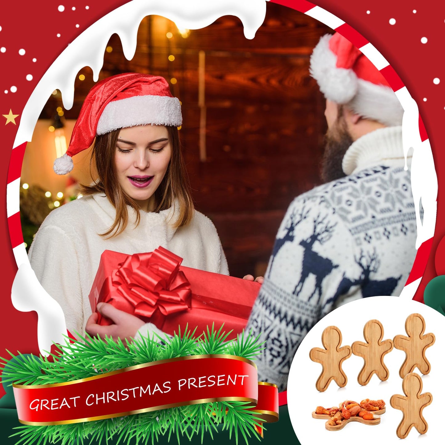 Suzile 4 Pcs Christmas Bamboo Serving Platter 15 x 9.8 Inch Reusable Bamboo Plates Wooden Charcuterie Tray Funny Charcuterie Board Tree Serving Dish for Fruit Bread Cheese Xmas Gifts (Gingerbread Man)