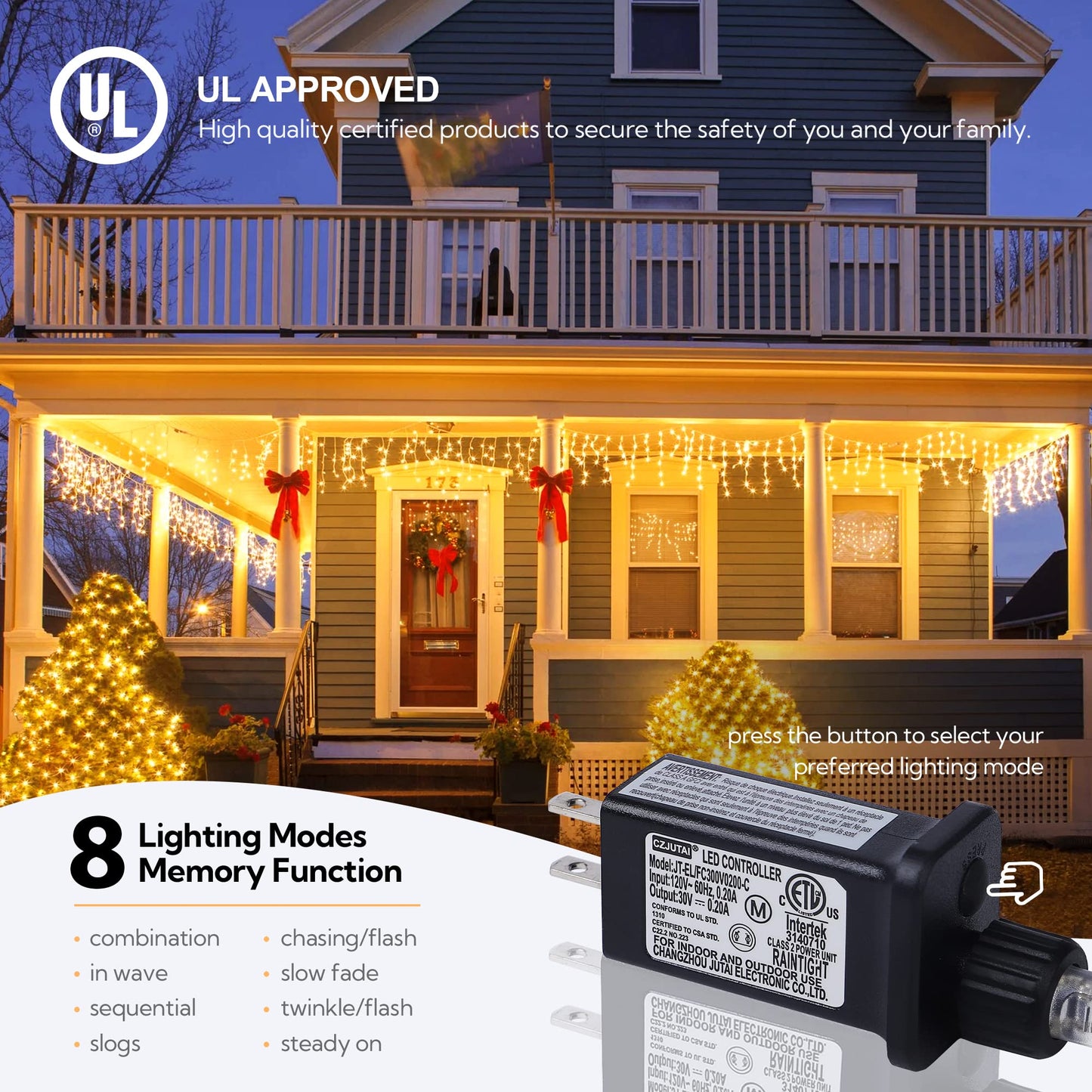 Hopolon 33FT 360L LED Christmas Icicle Lights Outdoor Waterproof,8 Modes Plug in Curtain String Lights with 60 Drops for Wedding, Party, Bedroom, Home, Garden, Wall Decorations(Warm White)
