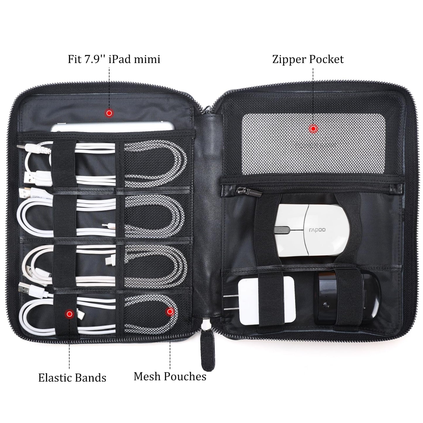 Polare Napa Leather Travel Cable Organizer Case Electronics Accessories Carry Bag with YKK Zippers Tech Storage Bag for Cables, Power Bank, USB, SD Card, Travel Essentials(Black)