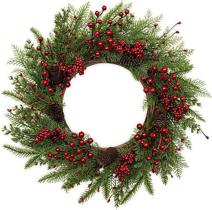 JINGHONG Artificial Christmas Wreath 22 Inch Christmas Wreaths for Front Door Winter Wreath with Red Berries Pine Cones Needles for Indoor Outdoor Xmas Winter Holidays