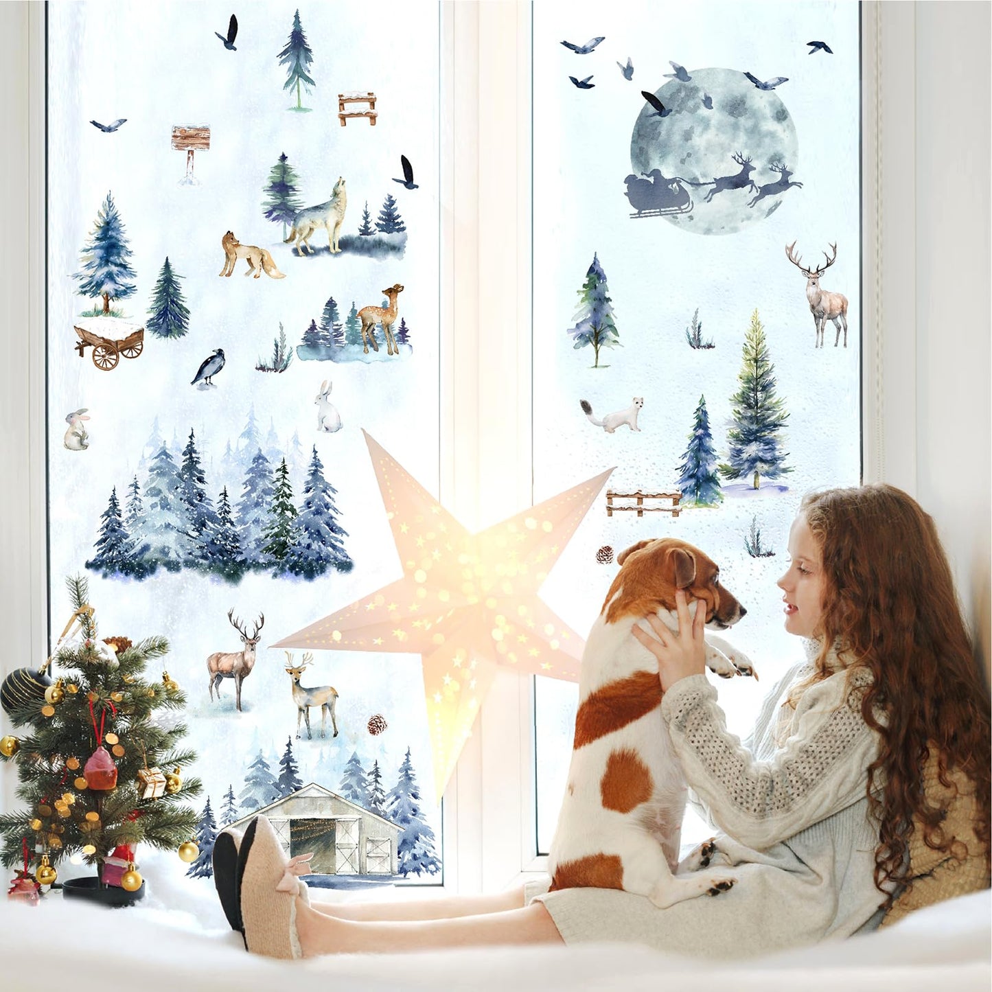Winter Tree Wall Stickers Forest Animal Wall Decals Removable Woodland Tree Animal Wall Stickers Christmas Winter Pine Wall Decal Xmas Elk Santa Claus Christmas Moon Window Wall Decal