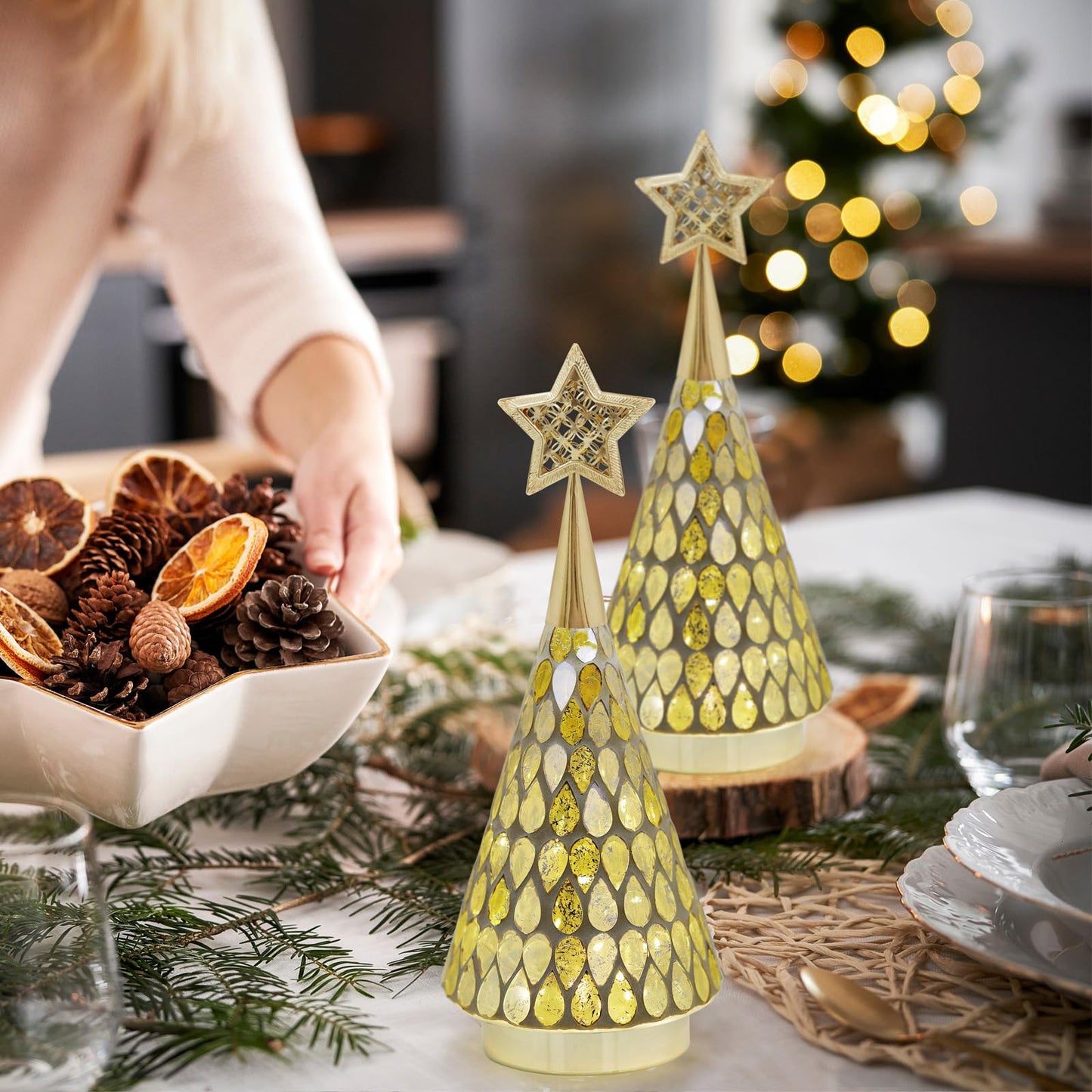 Mosaic Glass Christmas Tree Gold with Star, 3 PCS Small Tabletop Christmas Trees with Light, Battery Operated Xmas Tree for Bedroom Decor 11"
