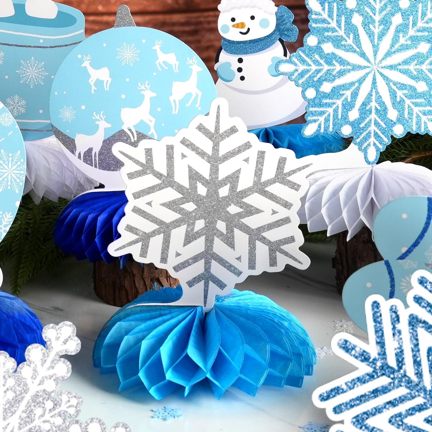 Frozen Winter Wonderland Party Decorations - 12 Pack Winter Themed Snowflake Honeycomb Table Centerpieces and 600pcs Snowflake Confetti for Christmas Holiday Winter Birthday Baby Shower Party Supplies
