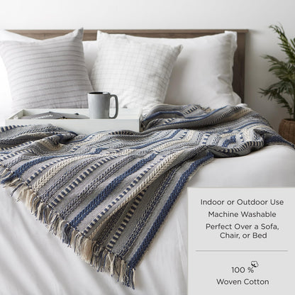 DII Modern Zig Zag Throw Blanket Woven Cotton, Hand-Knotted 2.5" Fringe, 50x60, Natural