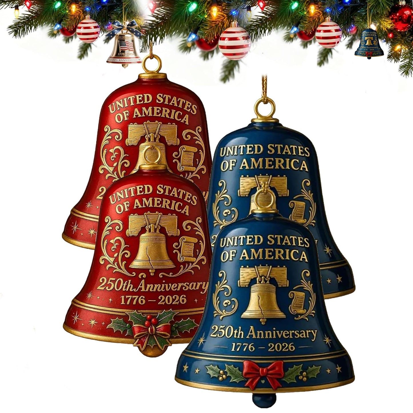 4pc 250th Anniversary USA Bell Ornament for 4th of July Decorations, 2D Acrylic 250 Anniversary Merchandise, America 250th Birthday Gifts, 250th Patriotic Decorations for Holiday Ornament Gift Bulk