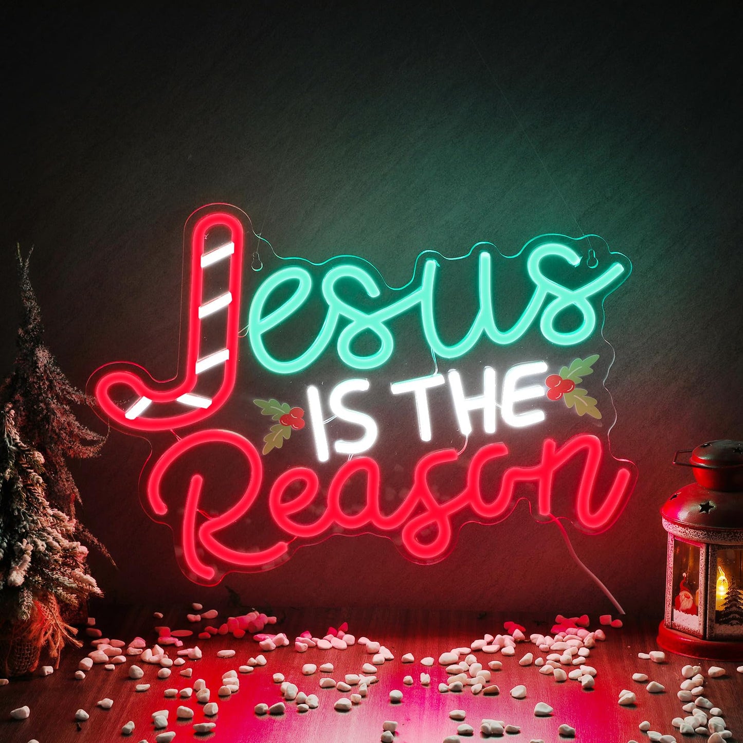 Huquary Jesus Is the Reason Neon Sign Christmas LED Sign Lighted Wall Art Decoration Neon Light USB Powered for Ceremony Party Bar Home Birthday Bible Church Decor Gift(Classic)