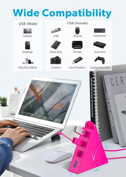 4-Port USB 3.0 Hub, FlyingVHUB Vertical Data USB Hub with 2 ft Extended Cable, for Mac, PC, Xbox One, PS4, PS5, iMac, Surface Pro, XPS, Laptop, Desktop, Flash Drive, Mobile HDD(Pink)