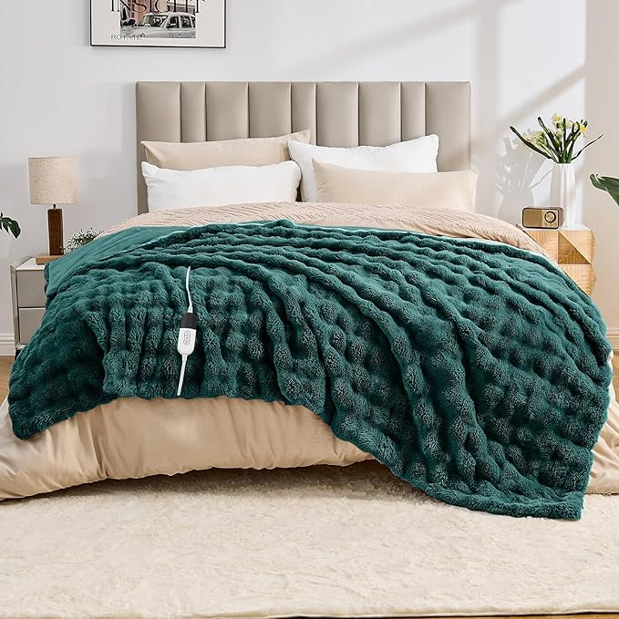 Heated Blanket Electric Throw Blanket 72''X 84''-Heating Blanket with 6 Heat Settings-10 Hours Auto Off,Cozy Faux Rabbit Fur Bubble Electric Blanket,Dark Green