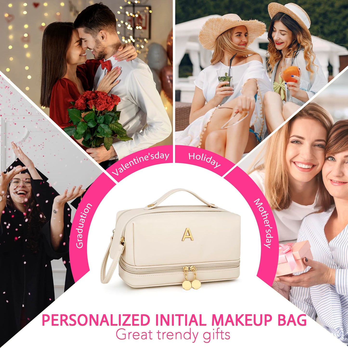 CLOUDWINGS Gifts for Women Birthday Gifts Initial Makeup Bag for Women Personalized Large Capacity Travel Toiletry Bag Cosmetic Bag Gifts for Mom-Graduation Gift for Teens Girls (Beige A)
