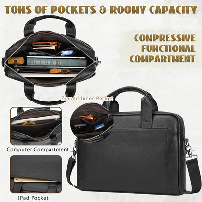 Leather Laptop Bag for Men, Laptop Briefcase Fits Up to 15.6 Inch Notebook, Portable Shoulder Messenger Crossbody Bag for Travel Business Office