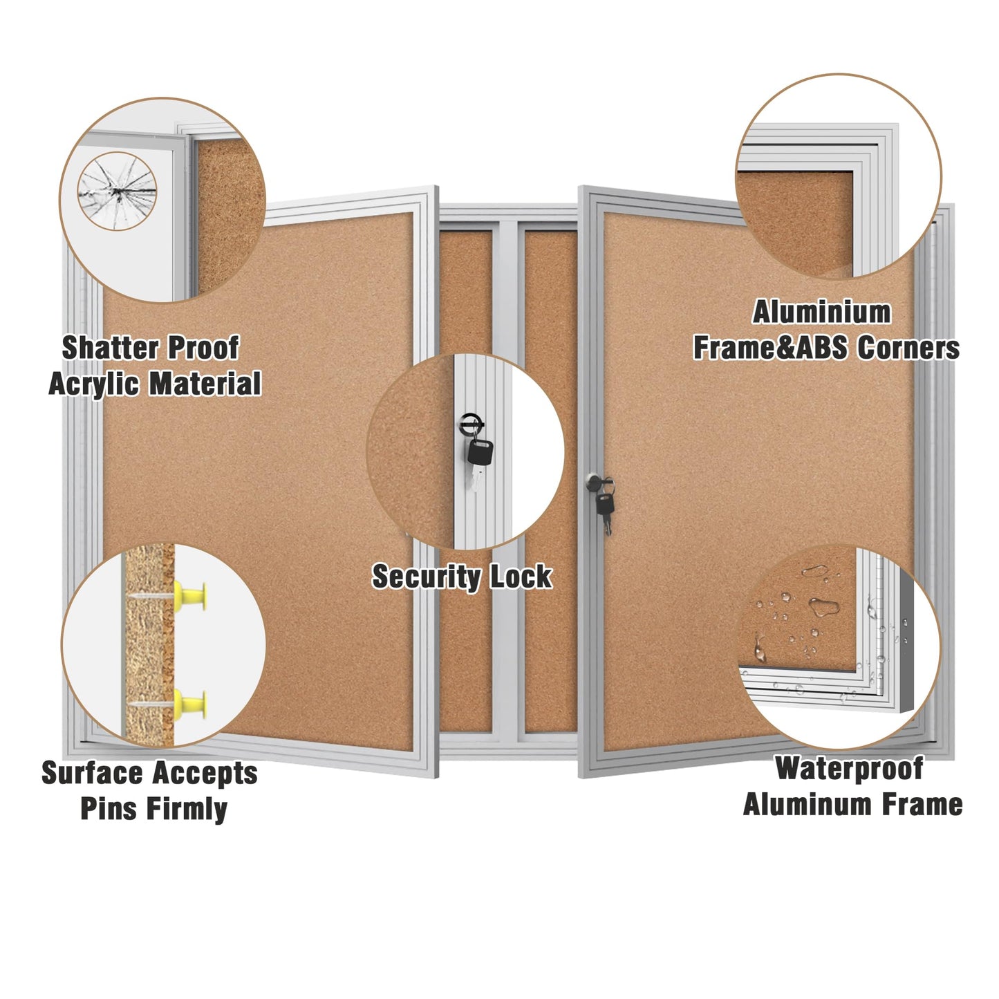 Mifuro 48"x30" Enclosed Bulletin Board, Outdoor Lockable Weather-Resistant Aluminum Cork Noticeboard for School & Office, Silver Frame w/Cork